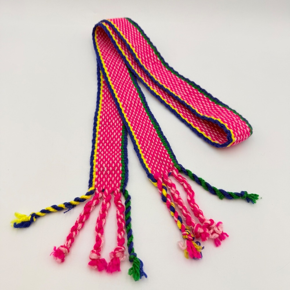 Handwoven Pink Striped Textile Sash Belt Woven Boho Tassel Faja 25 Inch